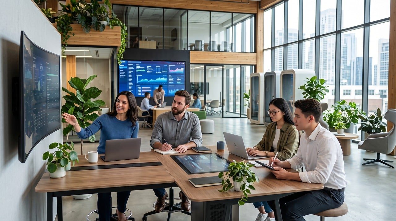 A revenue team working together around a table of open laptops and screens